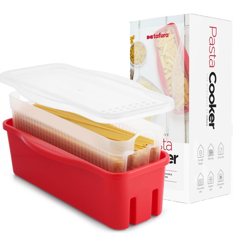 Tafura Tafura Microwave Pasta Cooker with Double Straining System Microwavable Spaghetti Cooker with Drainer Dorm Gift for Kitchen Fast Pasta Boat with Strainer Tray and Lid BPA Free 