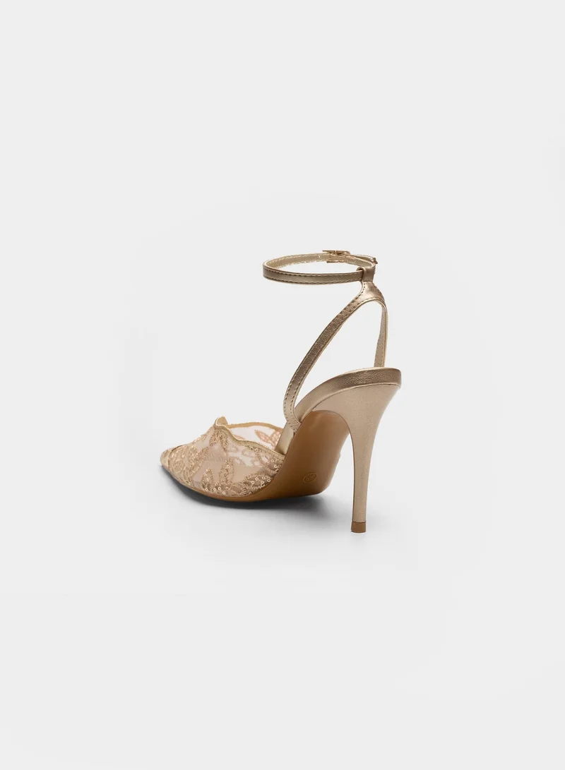 Sunfere Gold Scalloped Lace Mesh Pumps with Metallic Toe Cap & Ankle Strap for Women | Best Price UAE