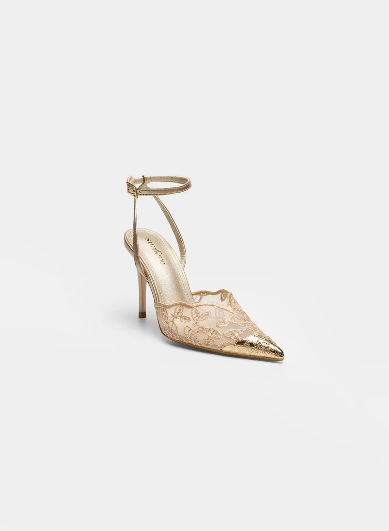 Sunfere Gold Scalloped Lace Mesh Pumps with Metallic Toe Cap & Ankle Strap for Women | Best Price UAE