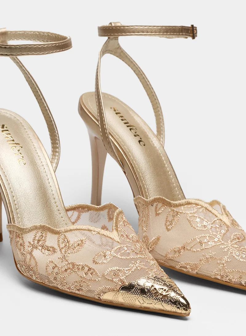 Sunfere Gold Scalloped Lace Mesh Pumps with Metallic Toe Cap & Ankle Strap for Women | Best Price UAE