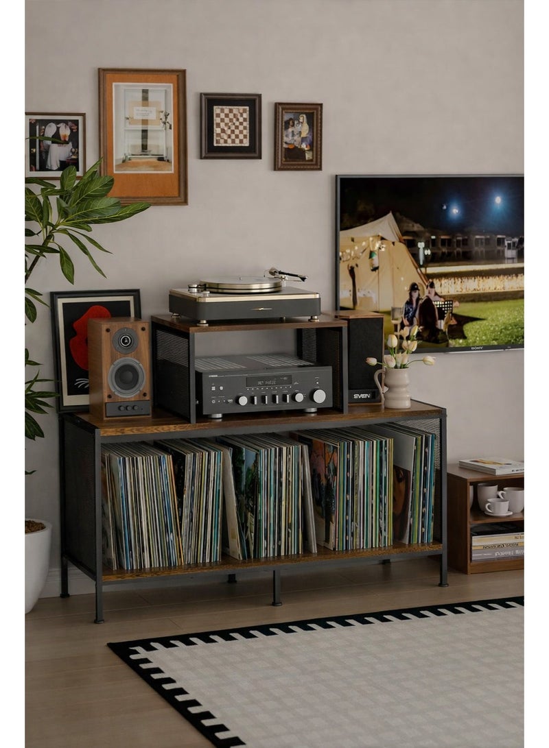Forthcan Vintage Record Player Stand with Large Vinyl Storage, Holds 150–250 LPs, Adjustable Dividers, Side Display Shelves, Wooden & Metal Turntable Table for Living Room, Bedroom or Office - Image 1