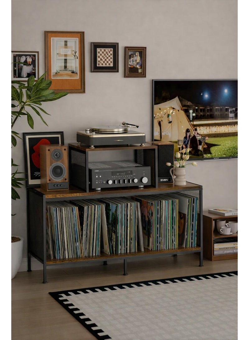 Forthcan Vintage Record Player Stand with Large Vinyl Storage, Holds 150–250 LPs, Adjustable Dividers, Side Display Shelves, Wooden & Metal Turntable Table for Living Room, Bedroom or Office - Image 2