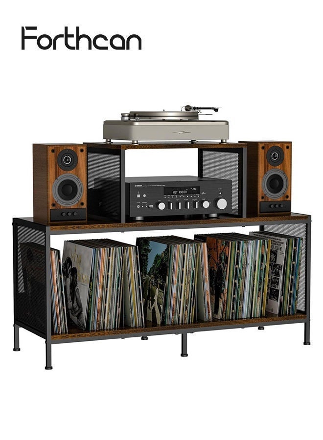 Forthcan Vintage Record Player Stand with Large Vinyl Storage, Holds 150–250 LPs, Adjustable Dividers, Side Display Shelves, Wooden & Metal Turntable Table for Living Room, Bedroom or Office - Image 3