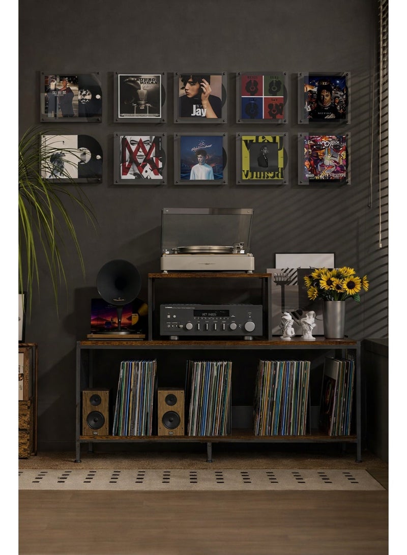 Forthcan Vintage Record Player Stand with Large Vinyl Storage, Holds 150–250 LPs, Adjustable Dividers, Side Display Shelves, Wooden & Metal Turntable Table for Living Room, Bedroom or Office - Image 1