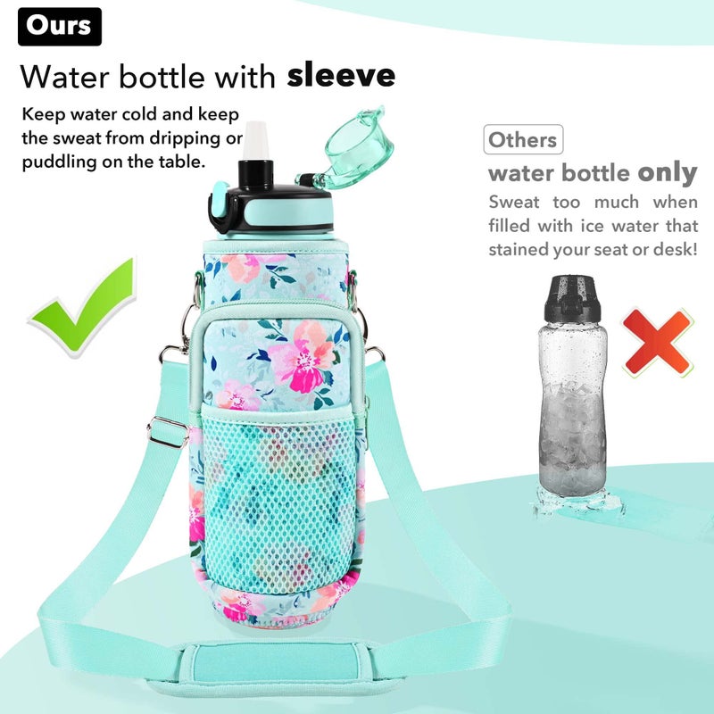 Newfad 32 oz Water Bottles with Straw & Strap, Motivational with Times to Drink, BPA Free Reusable Sports Water Bottle with Sleeve for Hiking, Travel, Running or Fitness (Spring Bouquet) - Image 5