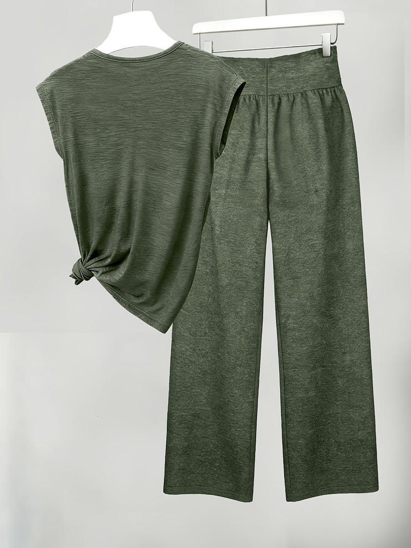 Women's V-Neck Short Sleeve T-Shirt And Long Pants Set, Easy Design, Comfortable Fit, Medium-Stretch Fabric - Image 2