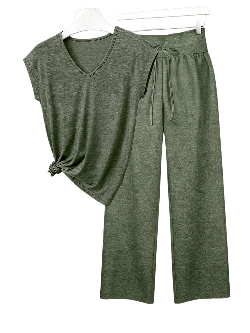 Women's V-Neck Short Sleeve T-Shirt And Long Pants Set, Easy Design, Comfortable Fit, Medium-Stretch Fabric - Image 1