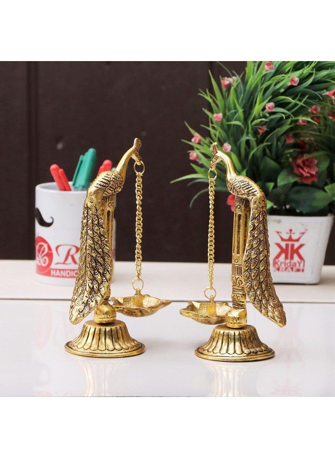 KridayKraft Peacock Design Metal Hanging with Chain Diya Pair of Peacock Design Bird Diya Deepak Oil Lamp Metal Gold Finish Hanging Diya Pair Puja Gift Item Antique, Standard,Pack of 2 - Image 2