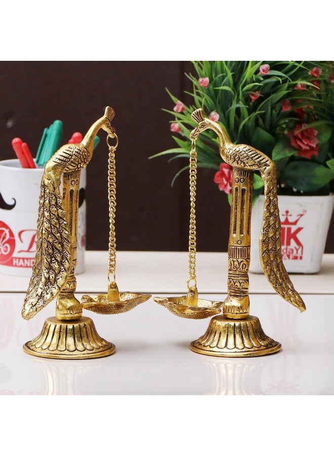 KridayKraft Peacock Design Metal Hanging with Chain Diya Pair of Peacock Design Bird Diya Deepak Oil Lamp Metal Gold Finish Hanging Diya Pair Puja Gift Item Antique, Standard,Pack of 2 - Image 3