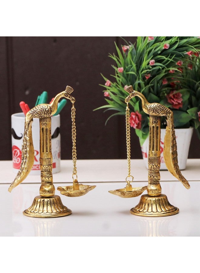 KridayKraft Peacock Design Metal Hanging with Chain Diya Pair of Peacock Design Bird Diya Deepak Oil Lamp Metal Gold Finish Hanging Diya Pair Puja Gift Item Antique, Standard,Pack of 2 - Image 1