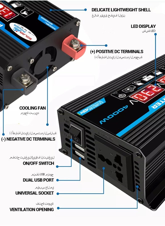 spa luxetique - 4000W Car Power Inverter DC 12V to AC 220V Converter Modified Sine Wave Inverter High Frequency Watt Power Charger Inverter with Dual USB Port Battery Clips Display Screen - Image 1