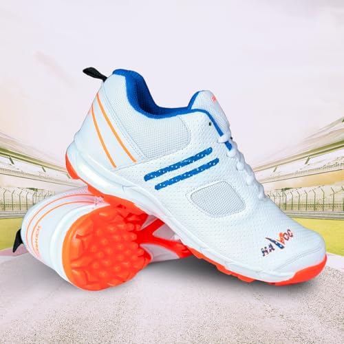Prokick Havoc Cricket Shoes for Men and Women|Lightweight & Durable Cricket Shoes|PVC Studs Spikes Sports Shoe for Unisex|Synthetic Leather Upper Sports Shoes|EVA Sockliner, White/Orange/Blue-9 UK - Image 5