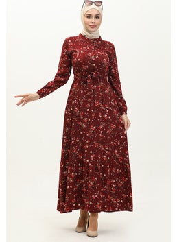 Sefa Merve Floral Patterned Viscose Dress 5068-07 Claret Red  - Image 1
