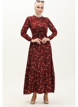 Sefa Merve Floral Patterned Viscose Dress 5068-07 Claret Red  - Image 2