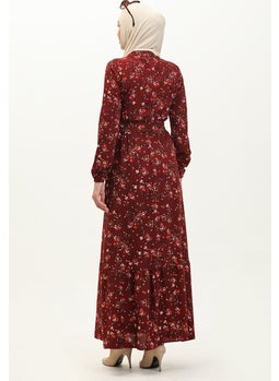 Sefa Merve Floral Patterned Viscose Dress 5068-07 Claret Red  - Image 5