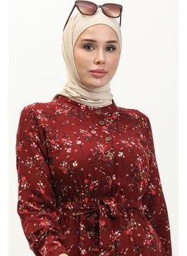 Sefa Merve Floral Patterned Viscose Dress 5068-07 Claret Red  - Image 3