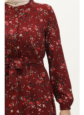 Sefa Merve Floral Patterned Viscose Dress 5068-07 Claret Red  - Image 4