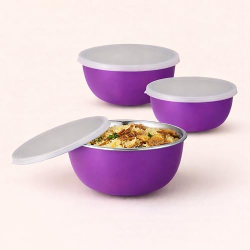 Zaib Microwave Safe Stainless Steel Euro Mixing Bowl with Lid for Kitchen Food Storage Pack of 3 Pcs Capacity, 500 ml, 800 ml, 1250 ml - Image 1