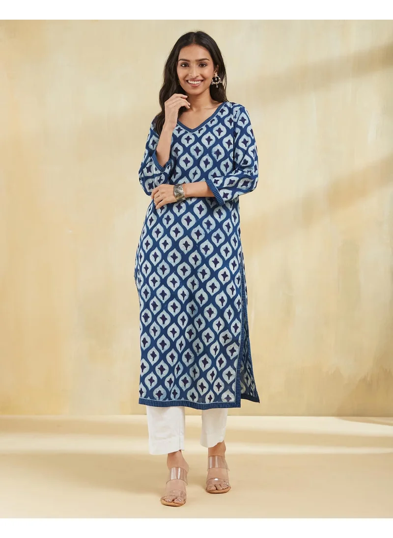 Fabindia Indigo Cotton Printed Long Kurta