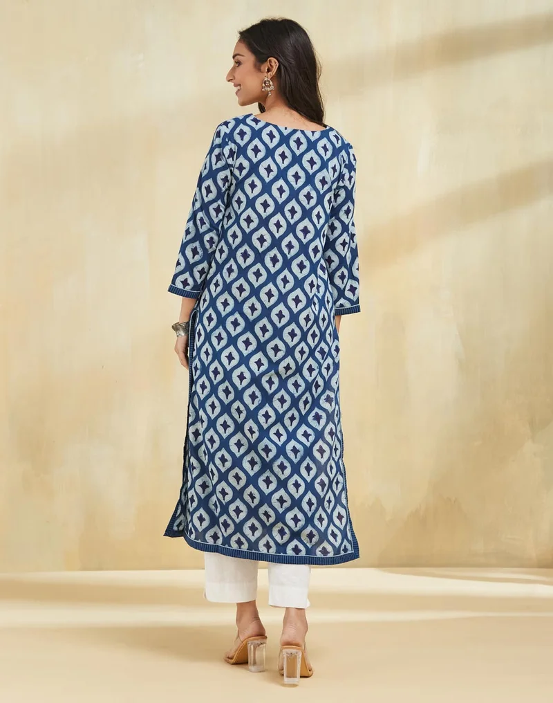Fabindia Indigo Cotton Printed Long Kurta