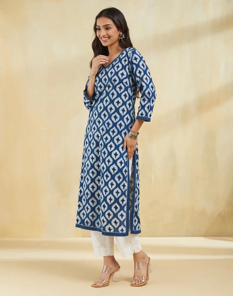 Fabindia Indigo Cotton Printed Long Kurta
