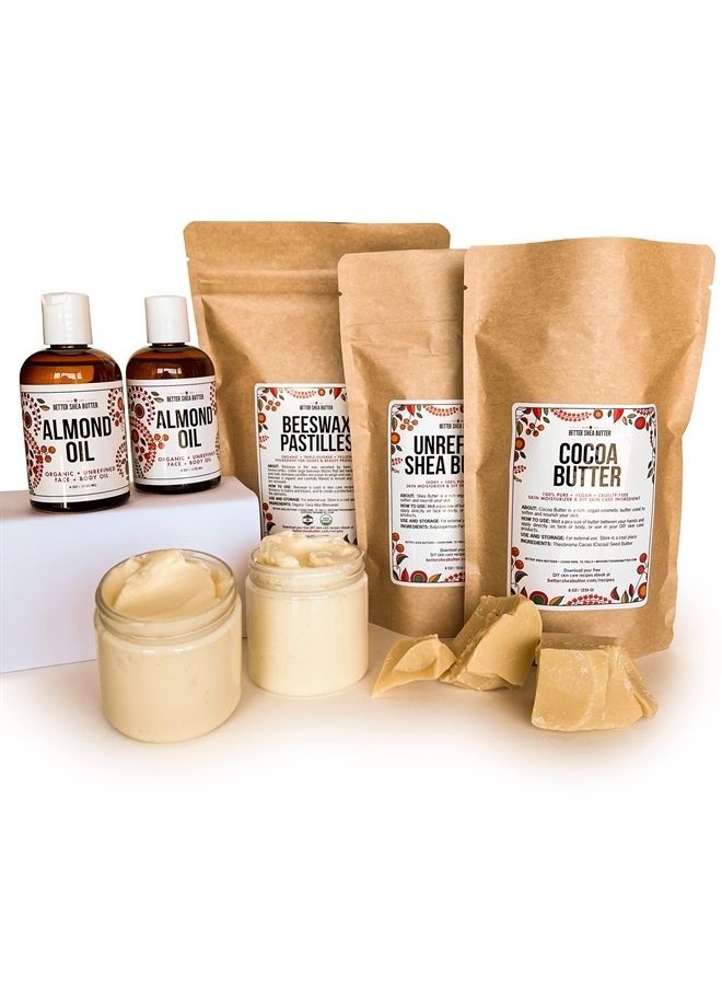 Better Shea Butter Beeswax Shea Butter Body Butter Making Kit with Unrefined Shea Butter, Raw Cocoa Butter, Organic Beeswax, Organic Almond Oil, Instructions included - LARGE (Makes about 30 4oz Jars) - Image 1