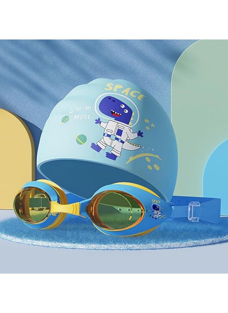 Jorunb - Swimming Hats for Kids, Kids Swimming Cap with Swim Goggles, Silicone Cartoon Girls Swim Cap Boys Bathing Caps for Kids, Waterproof Tear-resistance Durable for Children, Age 3-15 (blue) - Image 1