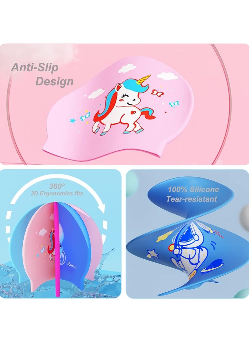 Jorunb - Swimming Hats for Kids, Kids Swimming Cap with Swim Goggles, Silicone Cartoon Girls Swim Cap Boys Bathing Caps for Kids, Waterproof Tear-resistance Durable for Children, Age 3-15 (blue) - Image 1