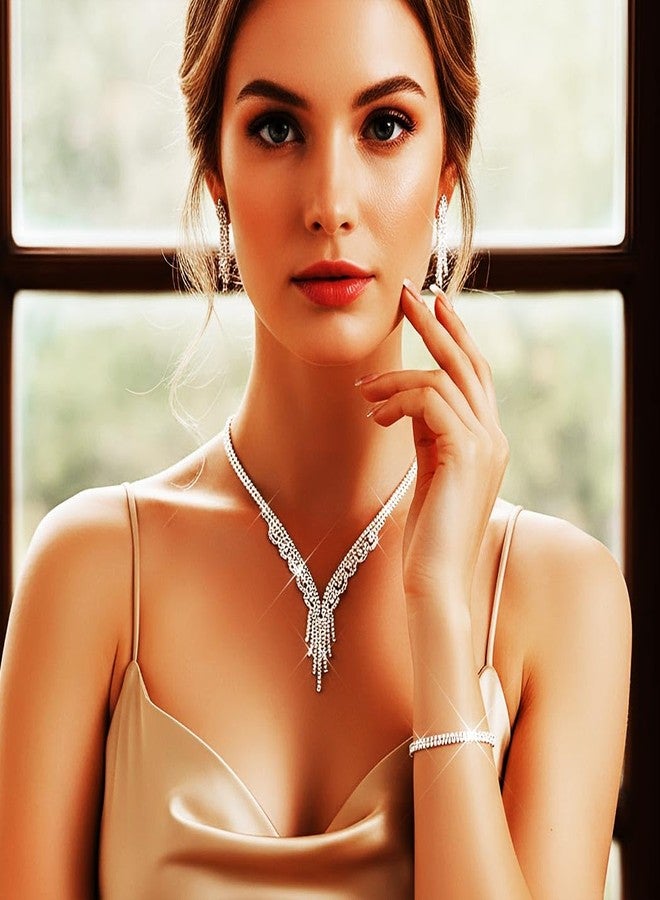 جورايس طقم مجوهرات زفاف من أحجار الراين من GORAIS، فضي اللون، يتضمن قلادة وأقراط وسوار، مجوهرات رسمية مرصعة بالكريستال للنساء والعرائس - Image 5