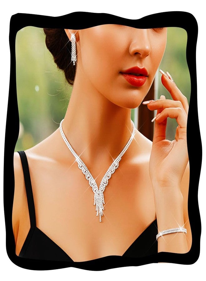 جورايس طقم مجوهرات زفاف من أحجار الراين من GORAIS، فضي اللون، يتضمن قلادة وأقراط وسوار، مجوهرات رسمية مرصعة بالكريستال للنساء والعرائس - Image 1