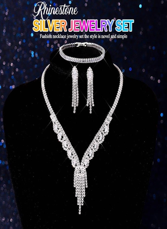 جورايس طقم مجوهرات زفاف من أحجار الراين من GORAIS، فضي اللون، يتضمن قلادة وأقراط وسوار، مجوهرات رسمية مرصعة بالكريستال للنساء والعرائس - Image 2