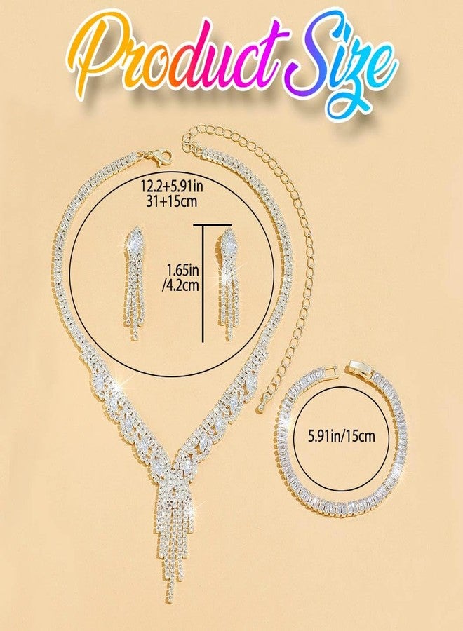 جورايس طقم مجوهرات زفاف من أحجار الراين من GORAIS، فضي اللون، يتضمن قلادة وأقراط وسوار، مجوهرات رسمية مرصعة بالكريستال للنساء والعرائس - Image 4