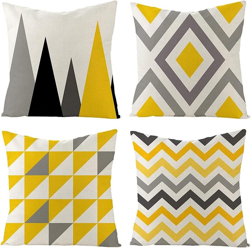 Luckam Pillow Covers, 4Pcs Decorative Geometric Yellow Grey 18 x 18 Inches Modern Pattern Cotton Polyester Square Pillow Cushion Case for Sofa Bed Home Decor - Image 1