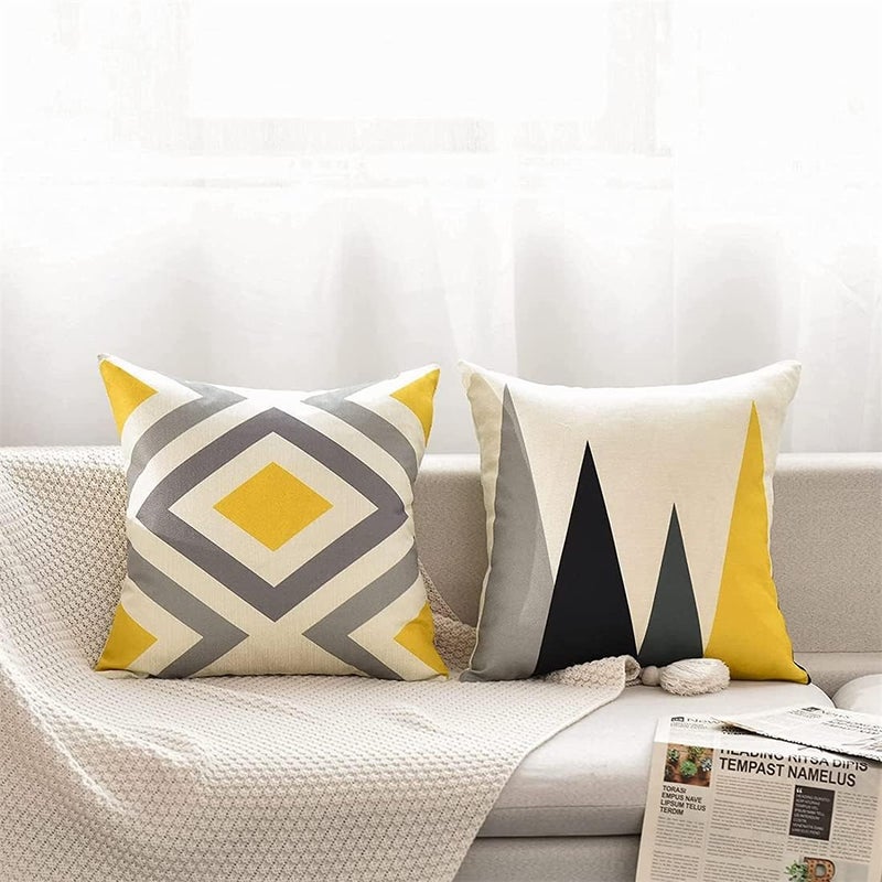 Luckam Pillow Covers, 4Pcs Decorative Geometric Yellow Grey 18 x 18 Inches Modern Pattern Cotton Polyester Square Pillow Cushion Case for Sofa Bed Home Decor - Image 4