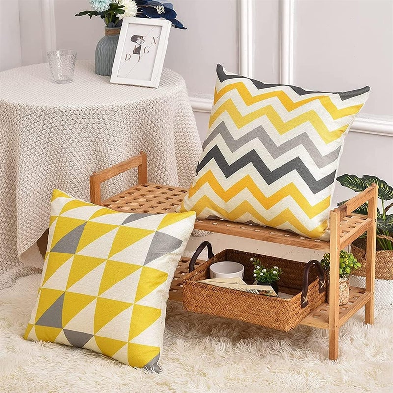 Luckam Pillow Covers, 4Pcs Decorative Geometric Yellow Grey 18 x 18 Inches Modern Pattern Cotton Polyester Square Pillow Cushion Case for Sofa Bed Home Decor - Image 3