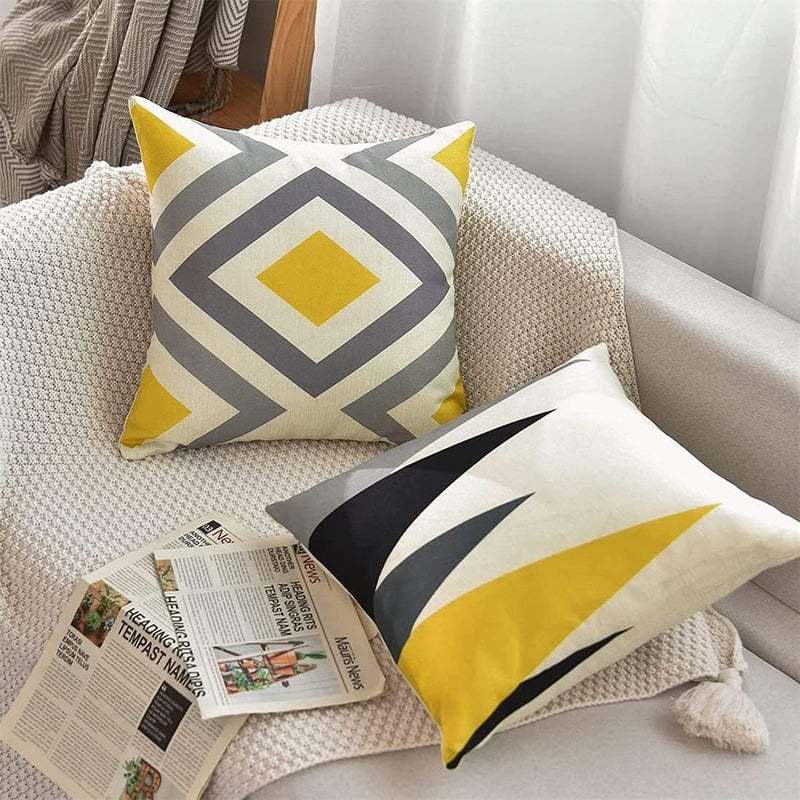 Luckam Pillow Covers, 4Pcs Decorative Geometric Yellow Grey 18 x 18 Inches Modern Pattern Cotton Polyester Square Pillow Cushion Case for Sofa Bed Home Decor - Image 2