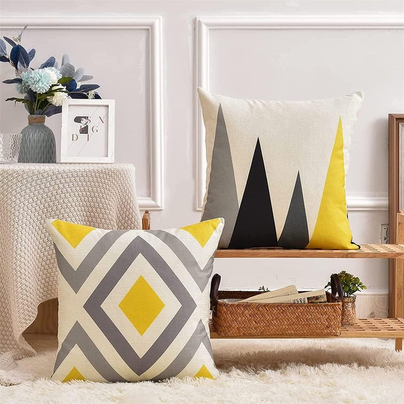 Luckam Pillow Covers, 4Pcs Decorative Geometric Yellow Grey 18 x 18 Inches Modern Pattern Cotton Polyester Square Pillow Cushion Case for Sofa Bed Home Decor - Image 5