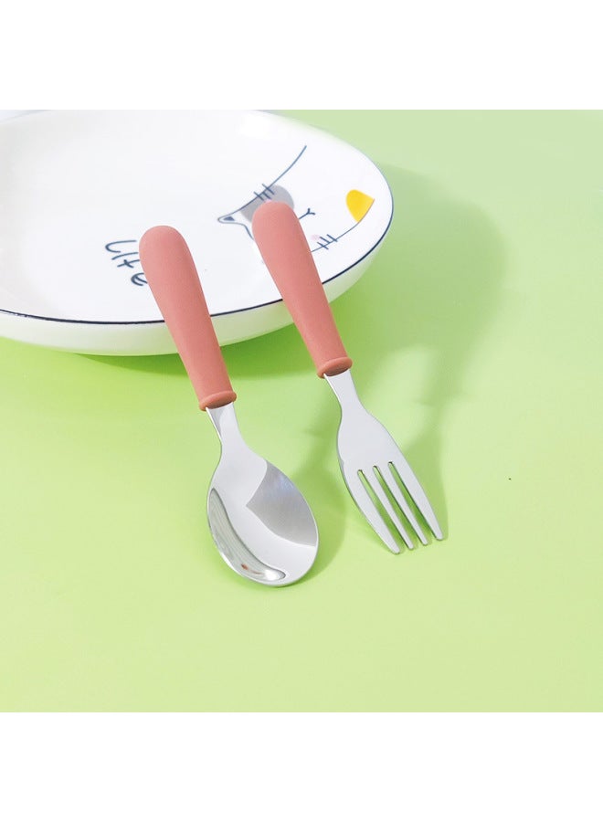 Silicone Children's Fork Spoon Suit Short Handle 304 Stainless Steel Tableware Portable Fork Spoon Two-piece Dessert Spoon Cake Spoon-Specifications:Brick Red - Image 1