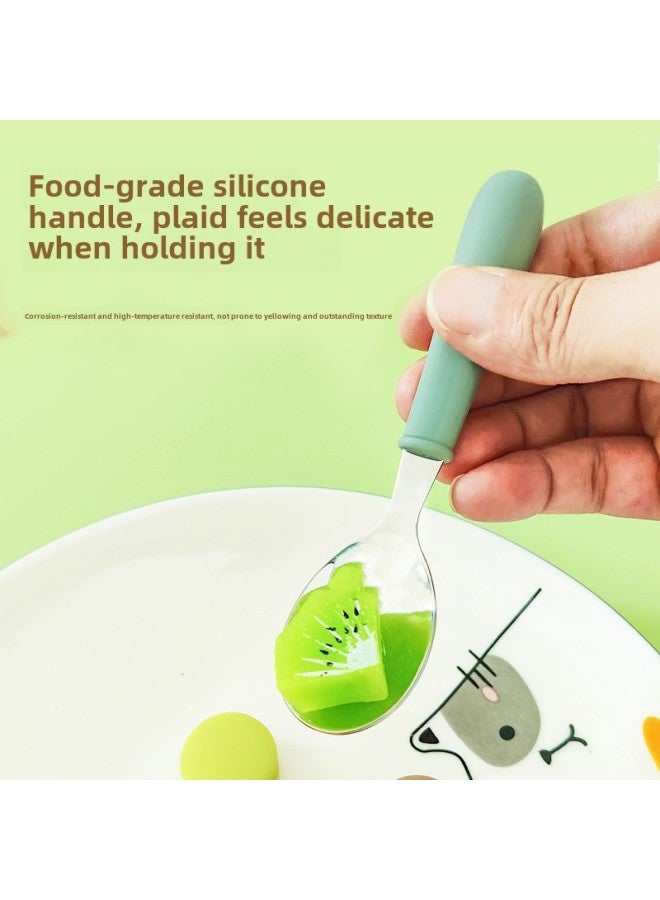 Silicone Children's Fork Spoon Suit Short Handle 304 Stainless Steel Tableware Portable Fork Spoon Two-piece Dessert Spoon Cake Spoon-Specifications:Brick Red - Image 4