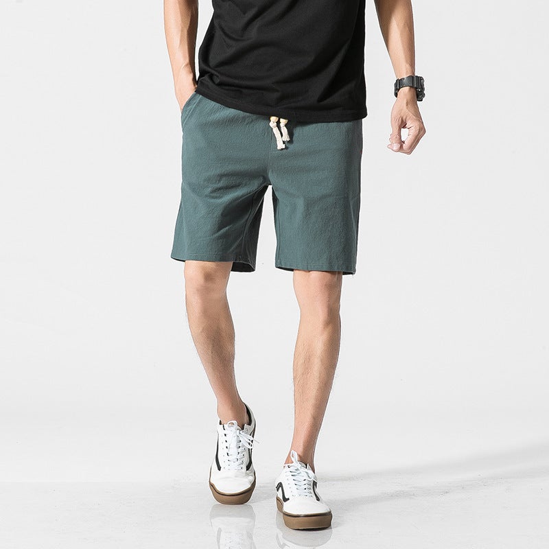 Factory Summer Cotton Linen Solid Color Casual Shorts Mens Large Size Beach Pants Sports Pants Mens Shorts Cross Border dark green  - Image 1