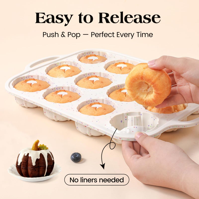 Vinino Silicone Mini Fluted Tube Cake Pans with Metal Reinforced Frame, 12-Cavity Mini Flan Molds, Non-stick Cupcakes Pans for Baking, Donuts, Muffins, Cornbread, Brownies, Jellies - Image 3