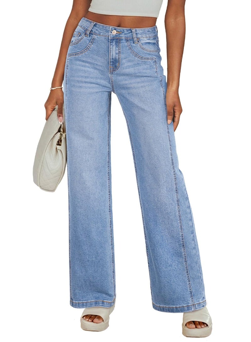 Sidefeel Women's Wide Leg Jeans High Waisted Stretchy Straight Leg Jeans Trendy Loose Fit Denim Pants Iceland Blue Size 8 - Image 1