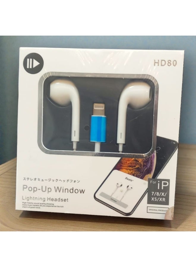 Lightning-type stereo earphones, wired headphones with noise cancellation technology, built-in microphone, and volume control.