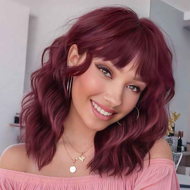 Nnzes Bob Curly Wig Synthetic Short Wine Red Wig with Bangs Natural Looking Heat Resistant Fiber Hair for Women