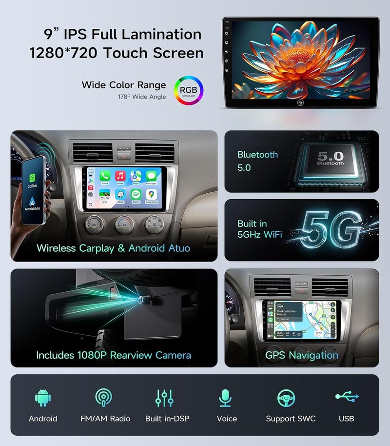 AINAVIGO 5G WiFi Android 12 Car Stereo for Toyota Camry 2006-2011, 9 Inch IPS HD Touch Screen with Wireless CarPlay and Android Auto - Image 3