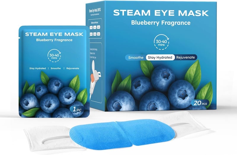 ProCIV New Steam Eye Mask 20 Packs Blueberry Warming Eye Masks Eucalyptus Fiber Self Heating Eye Mask Disposable Sleep Mask for Dry Eyes Plane Travel Essentials Sleep Gift Set for Everyone