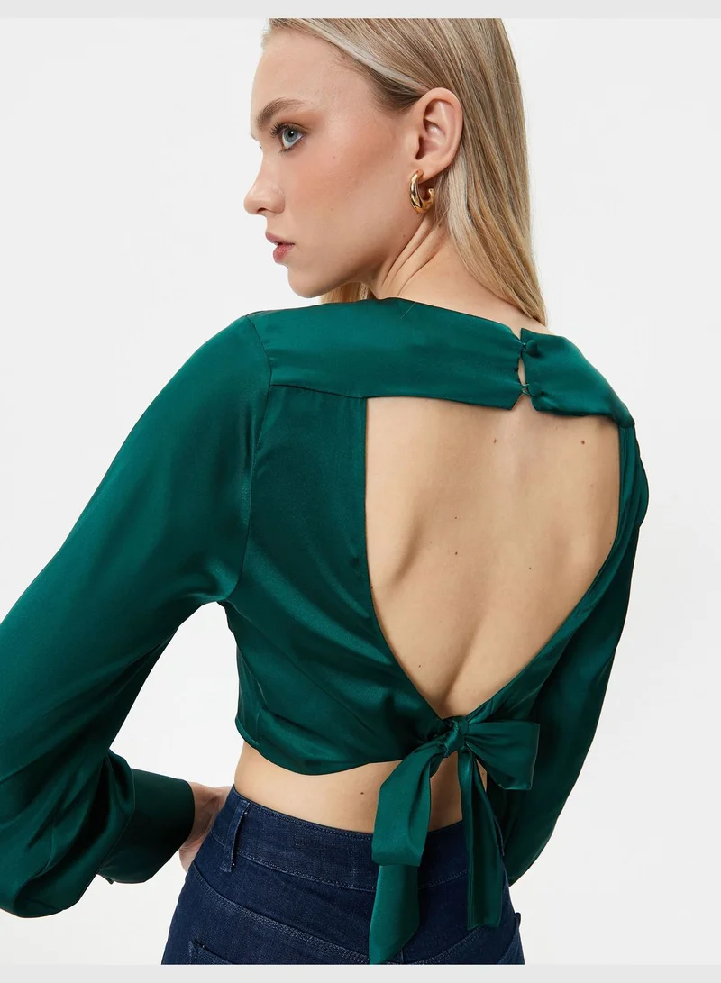 KOTON Back Detail Crop Satin Puff Sleeve Blouse