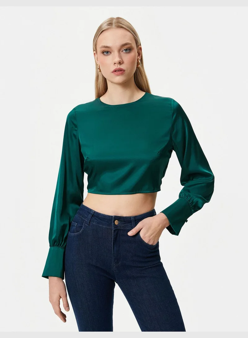 KOTON Back Detail Crop Satin Puff Sleeve Blouse