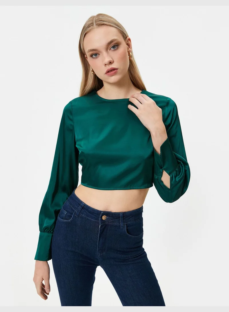 KOTON Back Detail Crop Satin Puff Sleeve Blouse