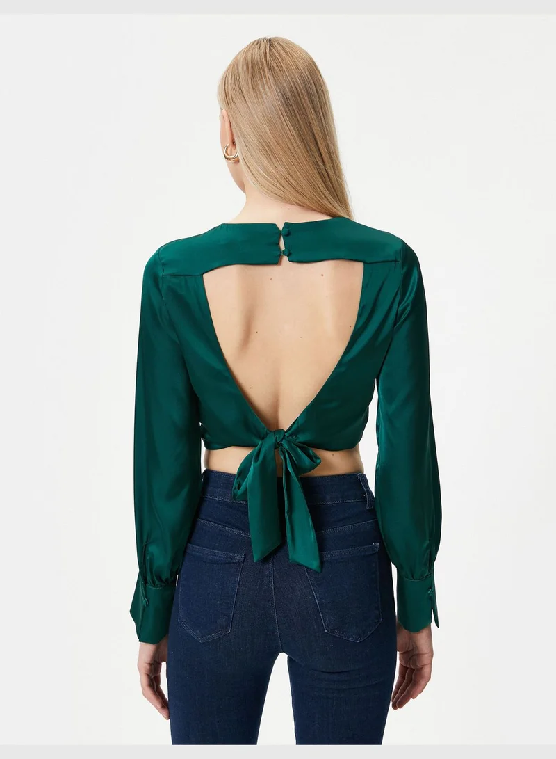 KOTON Back Detail Crop Satin Puff Sleeve Blouse